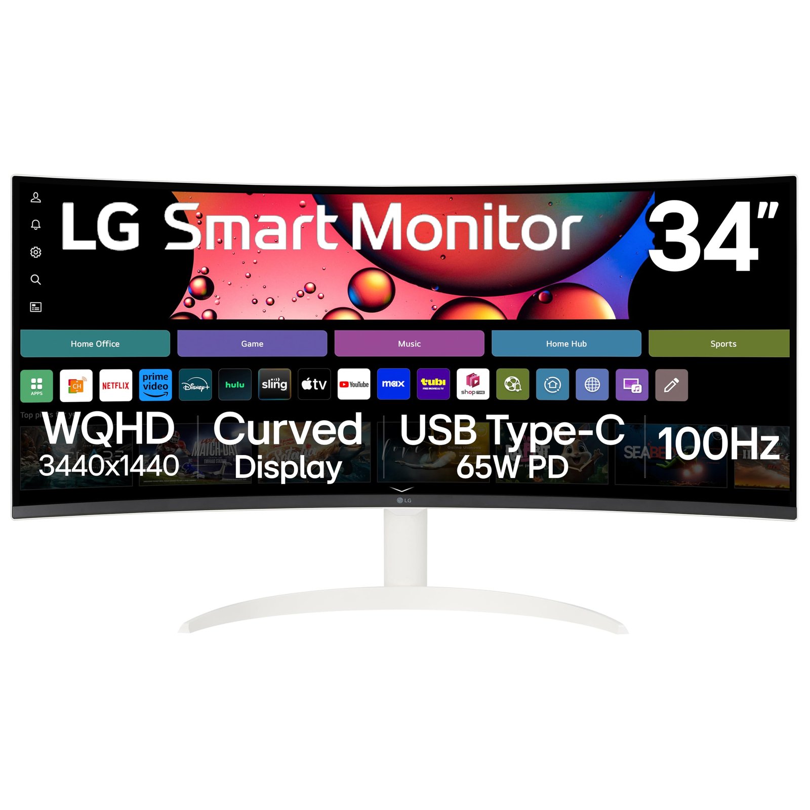 71b8vxN9icL LG 34SR63QA-W 34" UltraWide QHD Curved Smart Monitor, 100Hz, USB-C, webOS, White - Image 1
